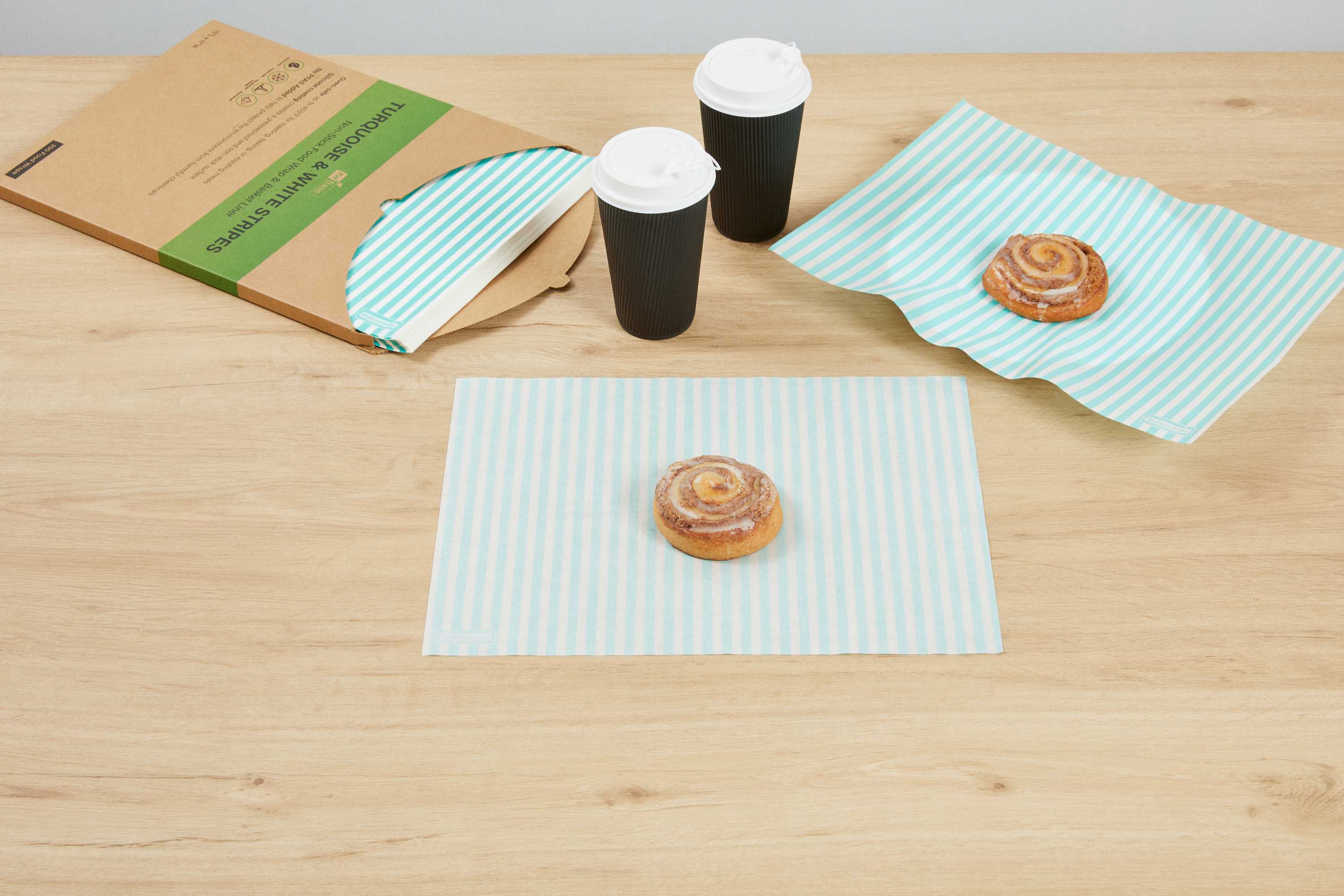 Chef 101 No PFAS Added Turquoise and White Stripe Paper Food Wrap and Basket Liner - Greaseproof, Compostable - 15" x 11" - 200 count box