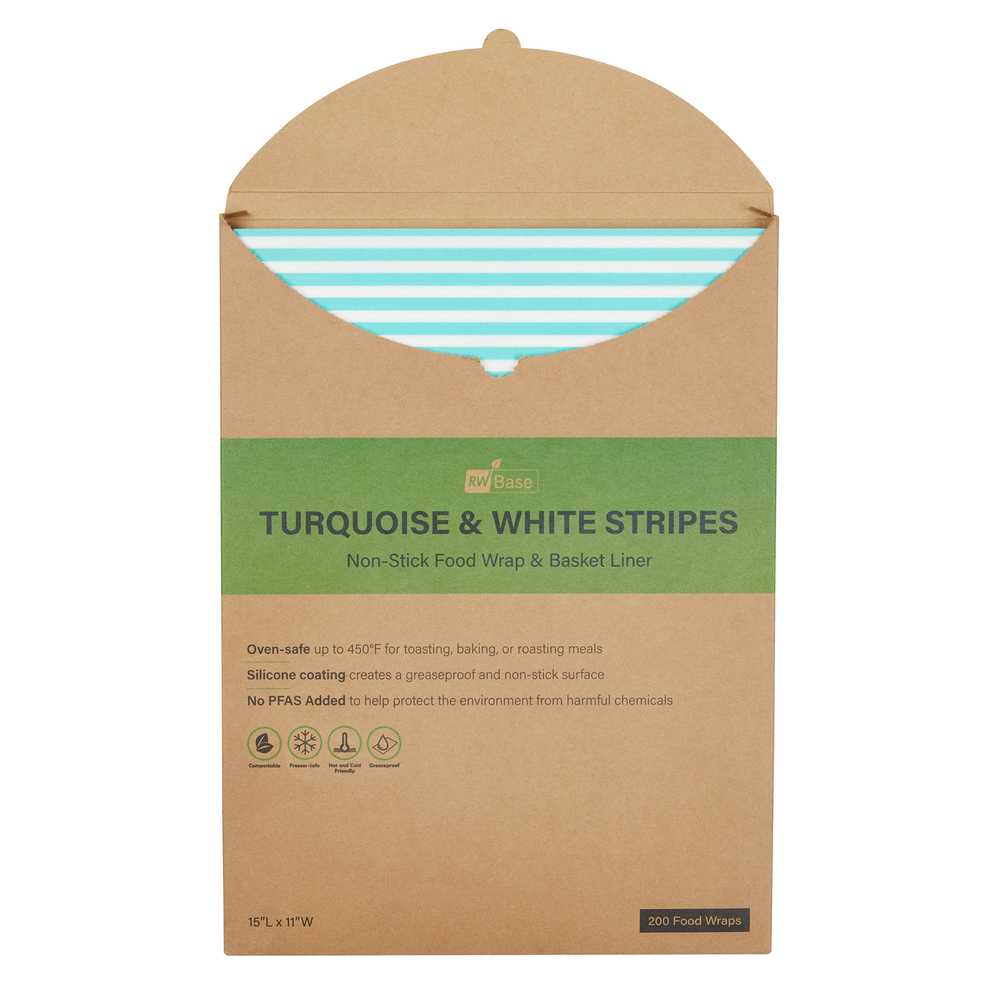 Chef 101 No PFAS Added Turquoise and White Stripe Paper Food Wrap and Basket Liner - Greaseproof, Compostable - 15" x 11" - 200 count box