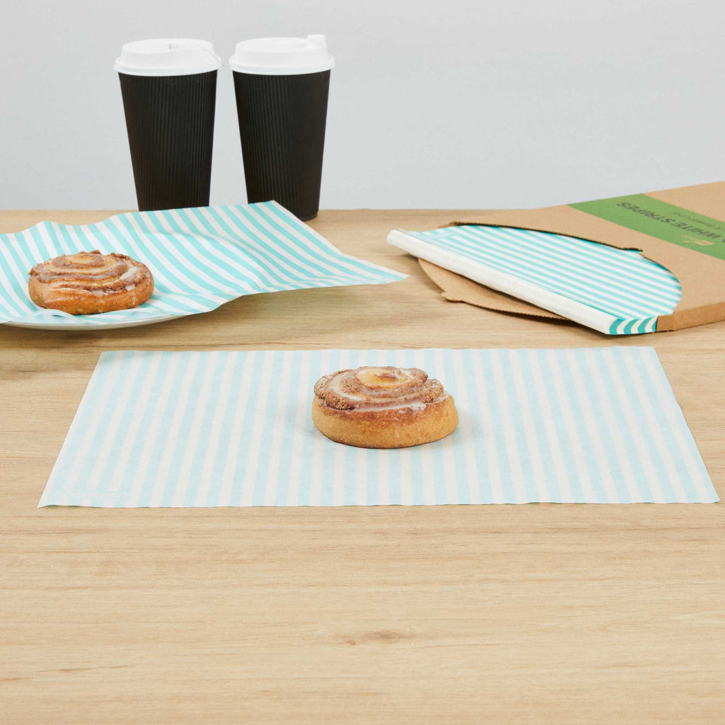 Chef 101 No PFAS Added Turquoise and White Stripe Paper Food Wrap and Basket Liner - Greaseproof, Compostable - 15" x 11" - 200 count box