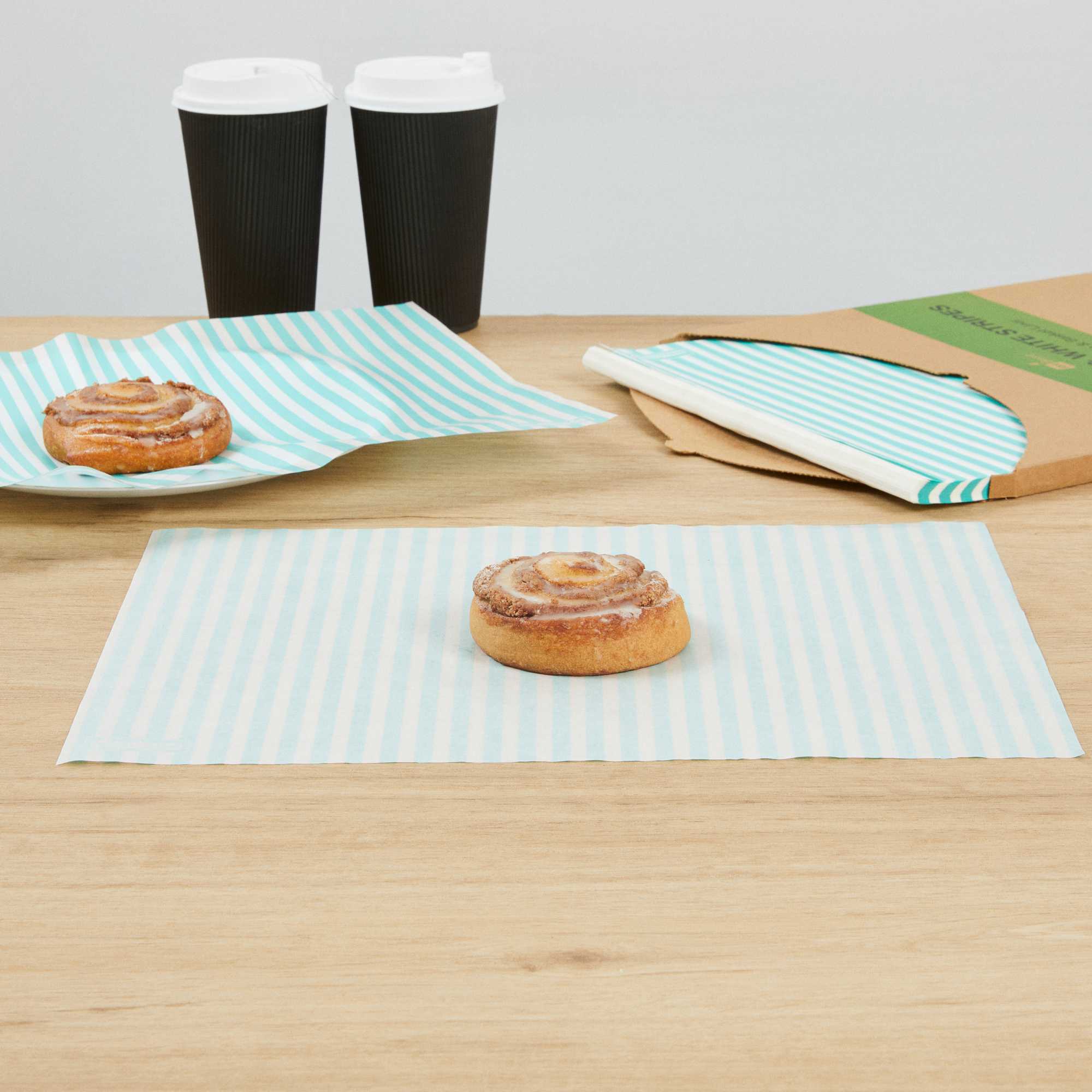 Chef 101 No PFAS Added Turquoise and White Stripe Paper Food Wrap and Basket Liner - Greaseproof, Compostable - 15" x 11" - 200 count box