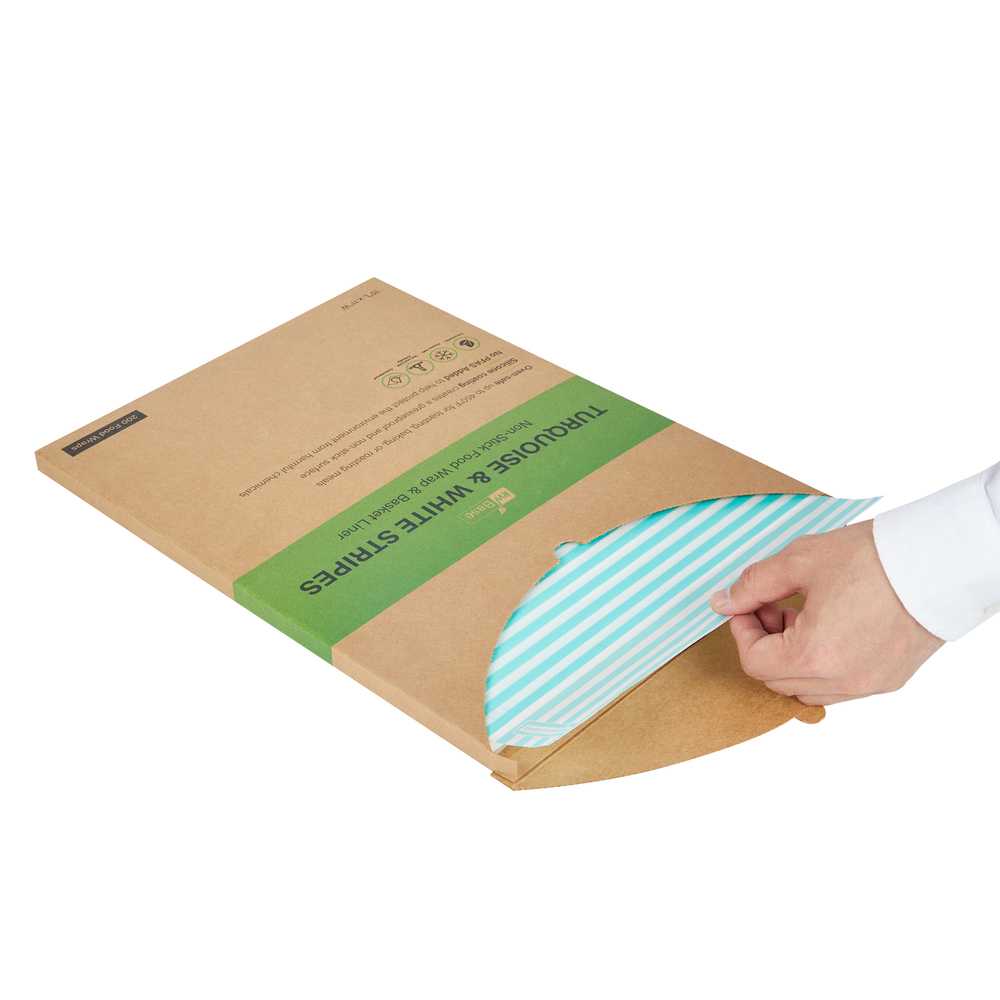 Chef 101 No PFAS Added Turquoise and White Stripe Paper Food Wrap and Basket Liner - Greaseproof, Compostable - 15" x 11" - 2000 count box