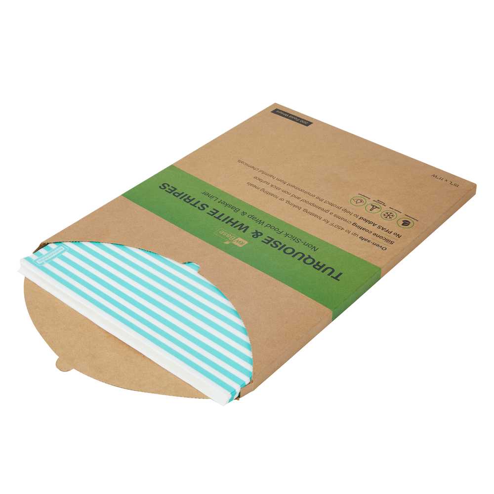 Chef 101 No PFAS Added Turquoise and White Stripe Paper Food Wrap and Basket Liner - Greaseproof, Compostable - 15" x 11" - 2000 count box