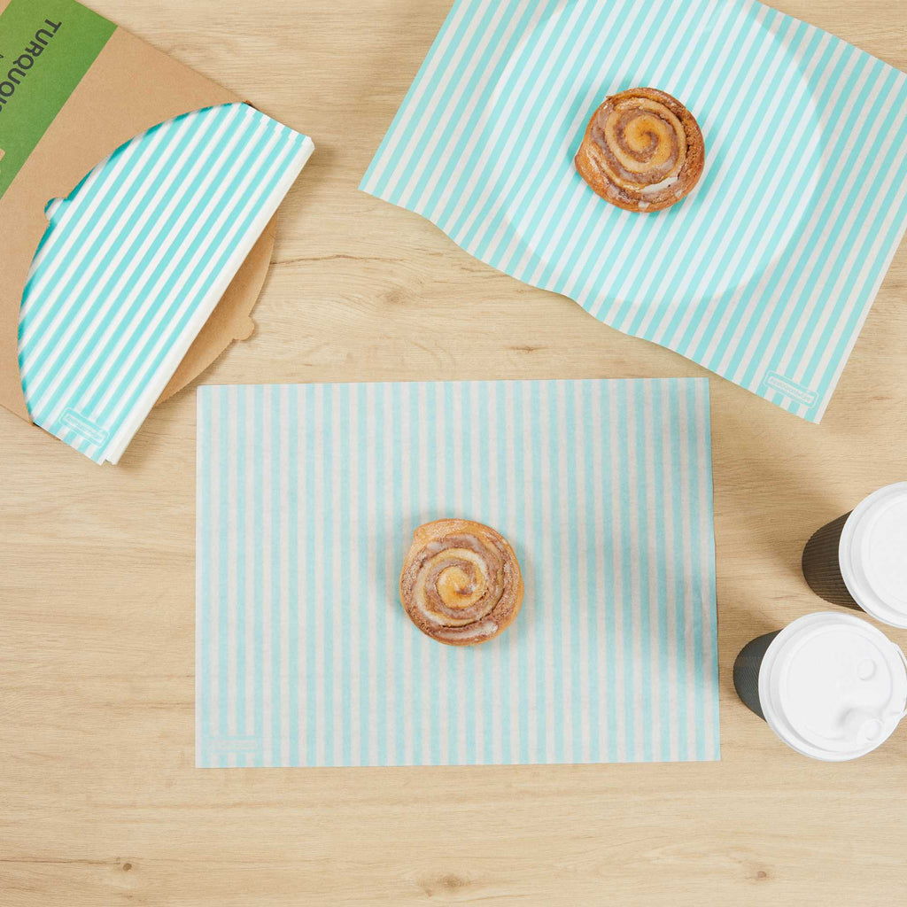 Chef 101 No PFAS Added Turquoise and White Stripe Paper Food Wrap and Basket Liner - Greaseproof, Compostable - 15" x 11" - 2000 count box