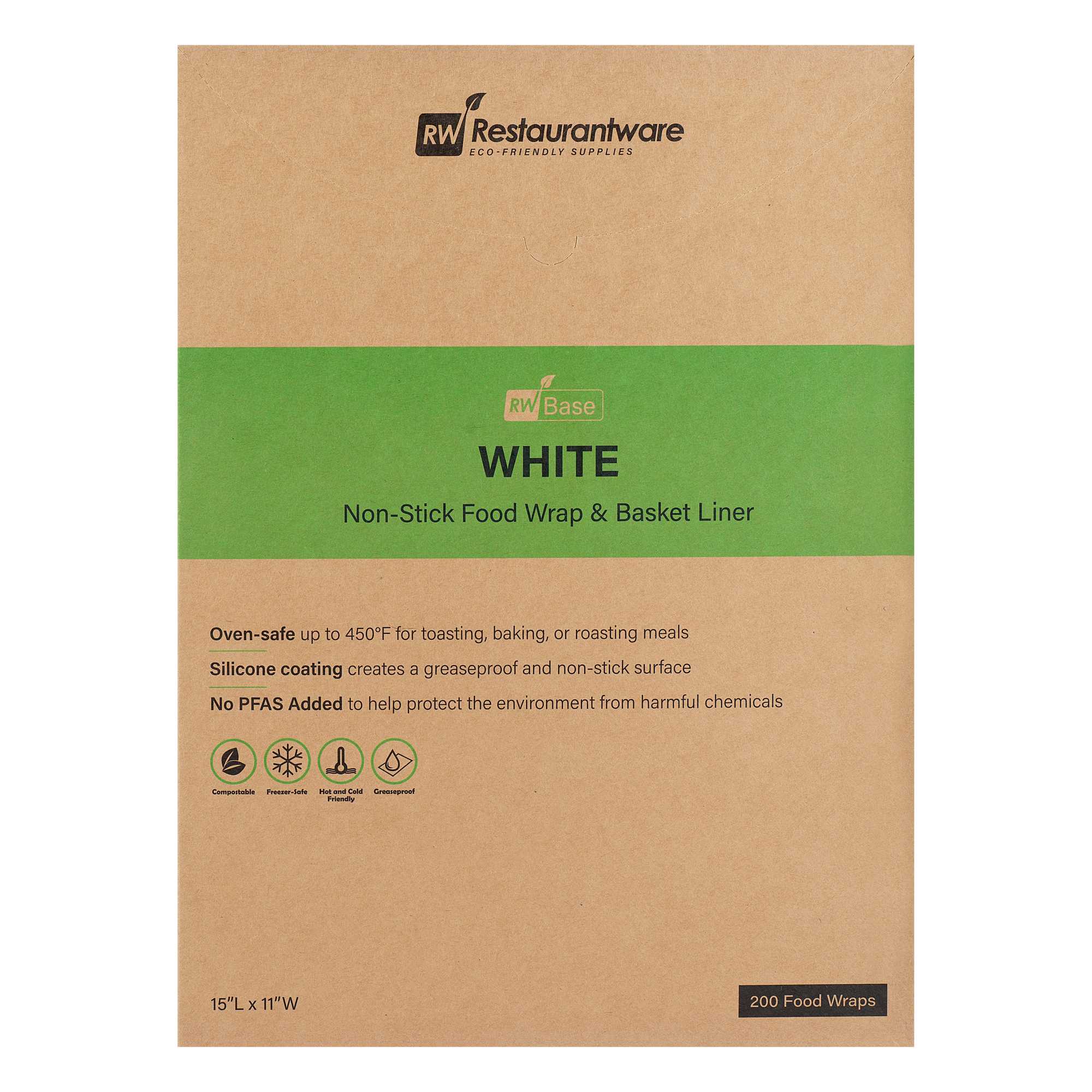 Chef 101 No PFAS Added White Paper Food Wrap and Basket Liner - Greaseproof, Compostable - 15" x 11" - 200 count box