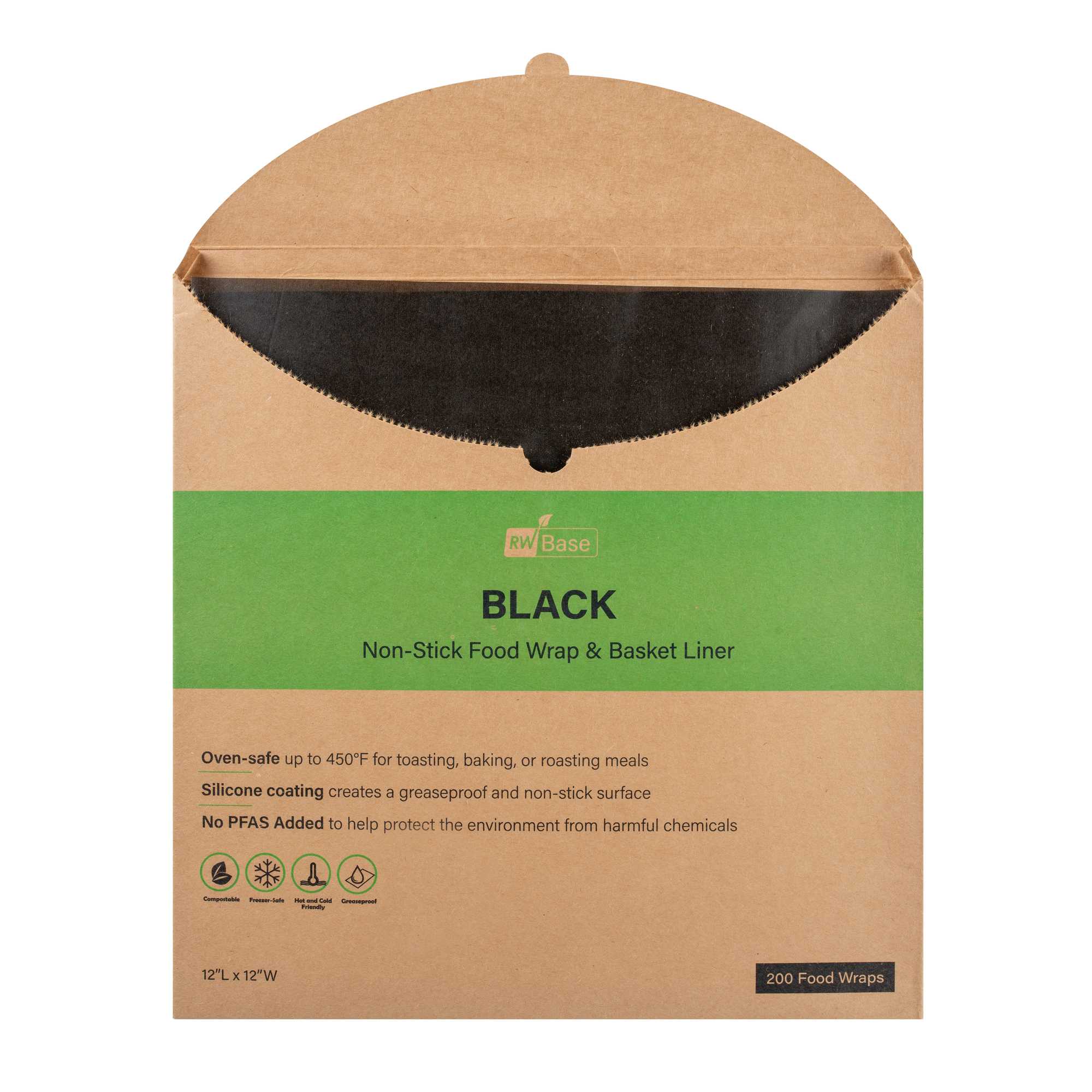 Chef 101 No PFAS Added Black Paper Bakery Wrap and Basket Liner - Greaseproof - 12" x 12" - 200 count box