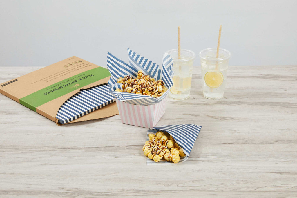 Chef 101 No PFAS Added Blue and White Stripe Paper Bakery Wrap and Basket Liner - Greaseproof - 12" x 12" - 2000 count box