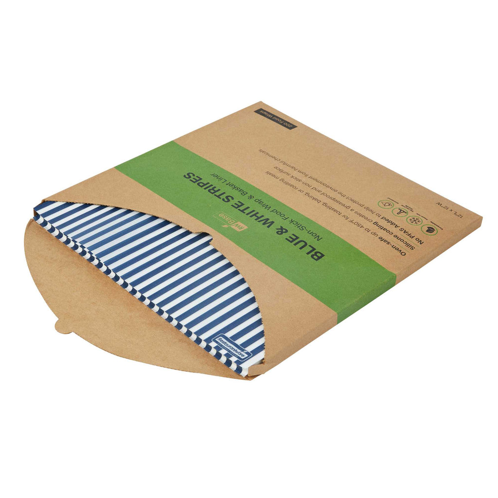 Chef 101 No PFAS Added Blue and White Stripe Paper Bakery Wrap and Basket Liner - Greaseproof - 12" x 12" - 2000 count box