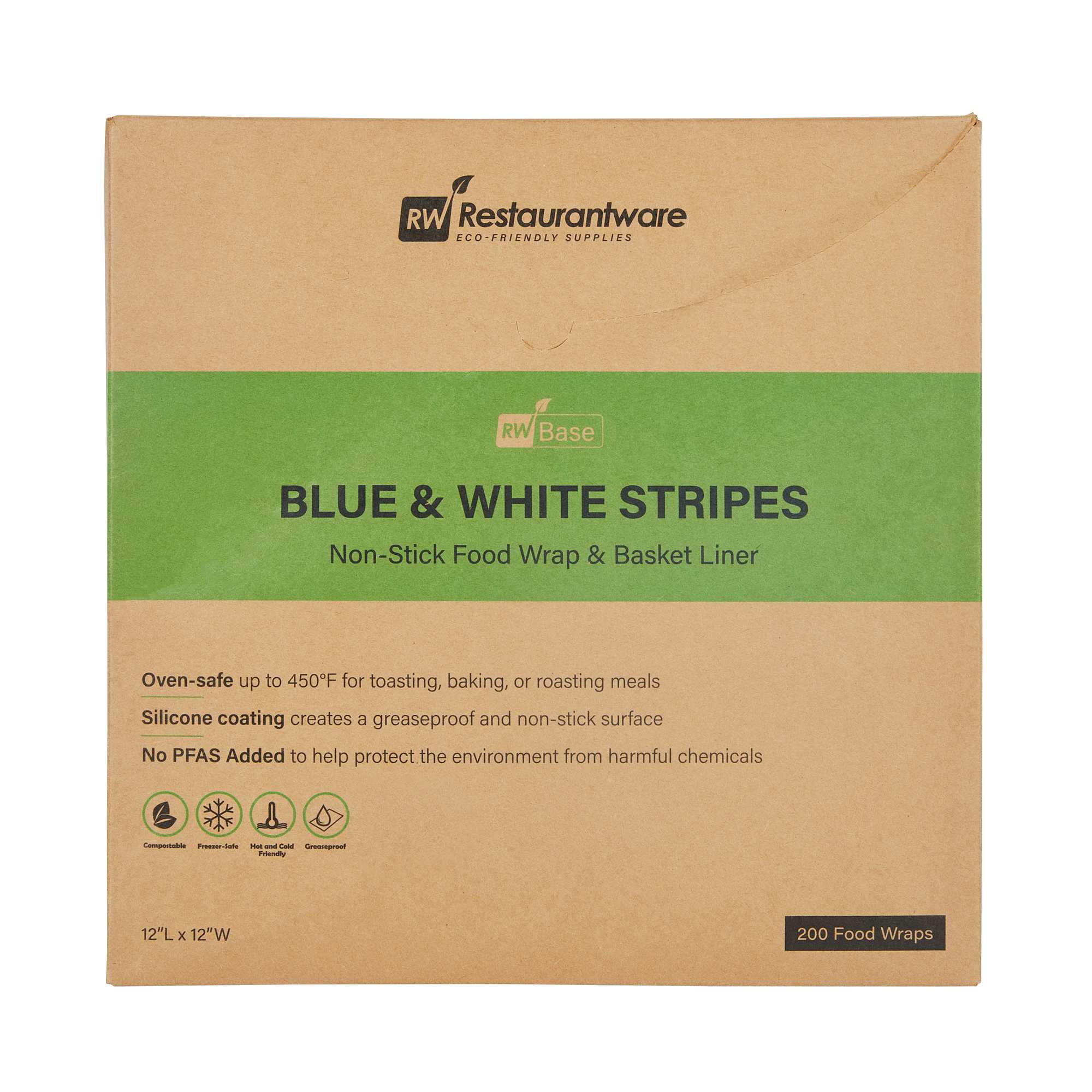 Chef 101 No PFAS Added Blue and White Stripe Paper Bakery Wrap and Basket Liner - Greaseproof - 12" x 12" - 2000 count box