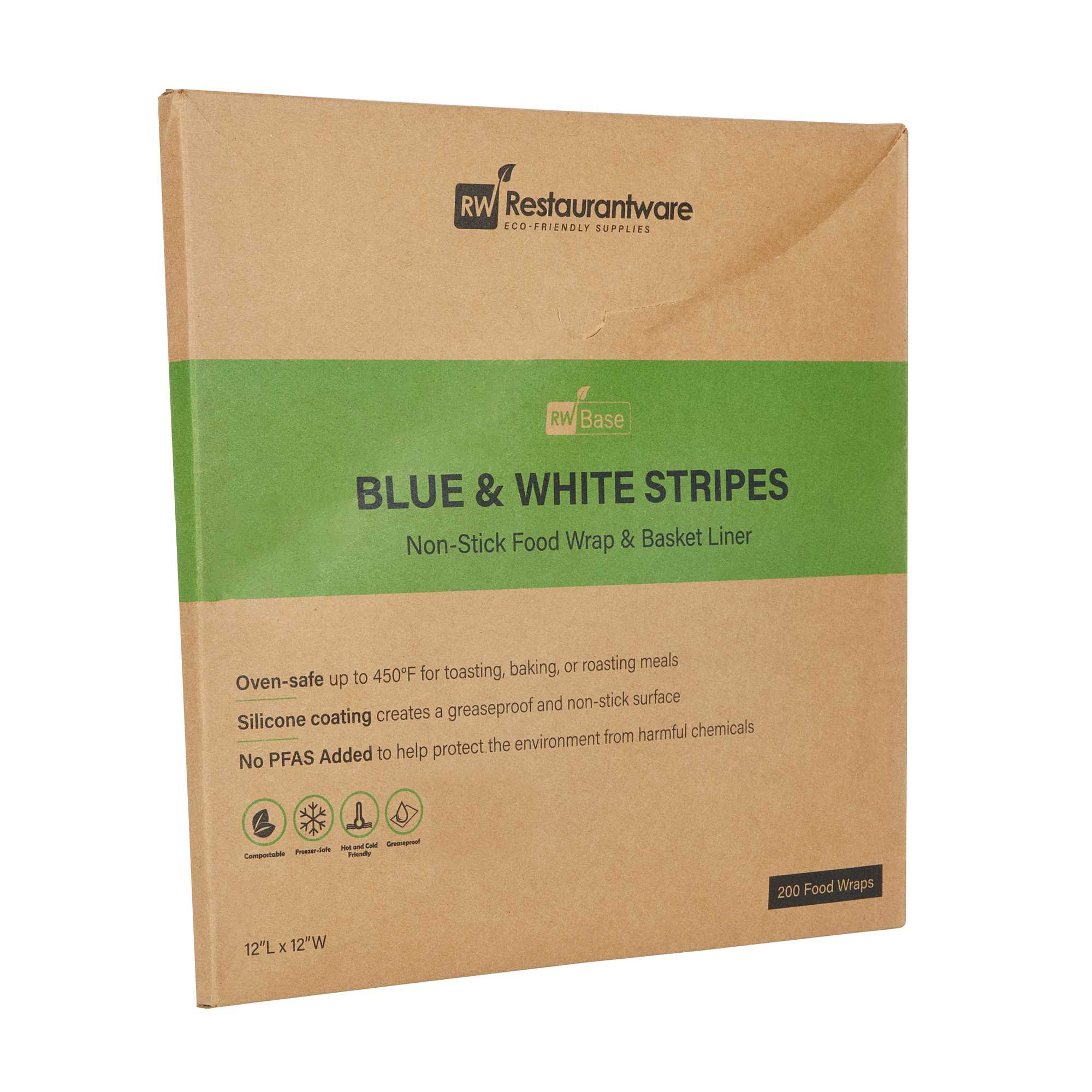 Chef 101 No PFAS Added Blue and White Stripe Paper Bakery Wrap and Basket Liner - Greaseproof - 12" x 12" - 2000 count box
