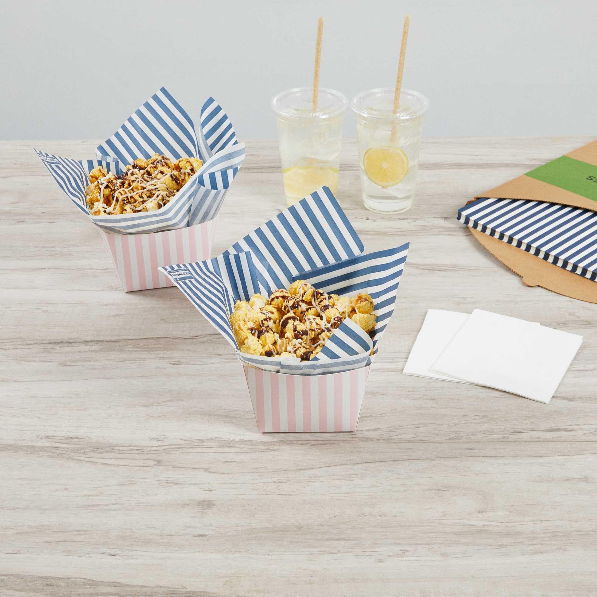 Chef 101 No PFAS Added Blue and White Stripe Paper Bakery Wrap and Basket Liner - Greaseproof - 12" x 12" - 2000 count box