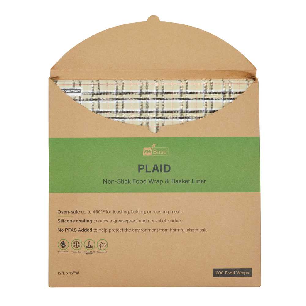 Chef 101 No PFAS Added Plaid Paper Bakery Wrap and Basket Liner - Greaseproof - 12" x 12" - 2000 count box