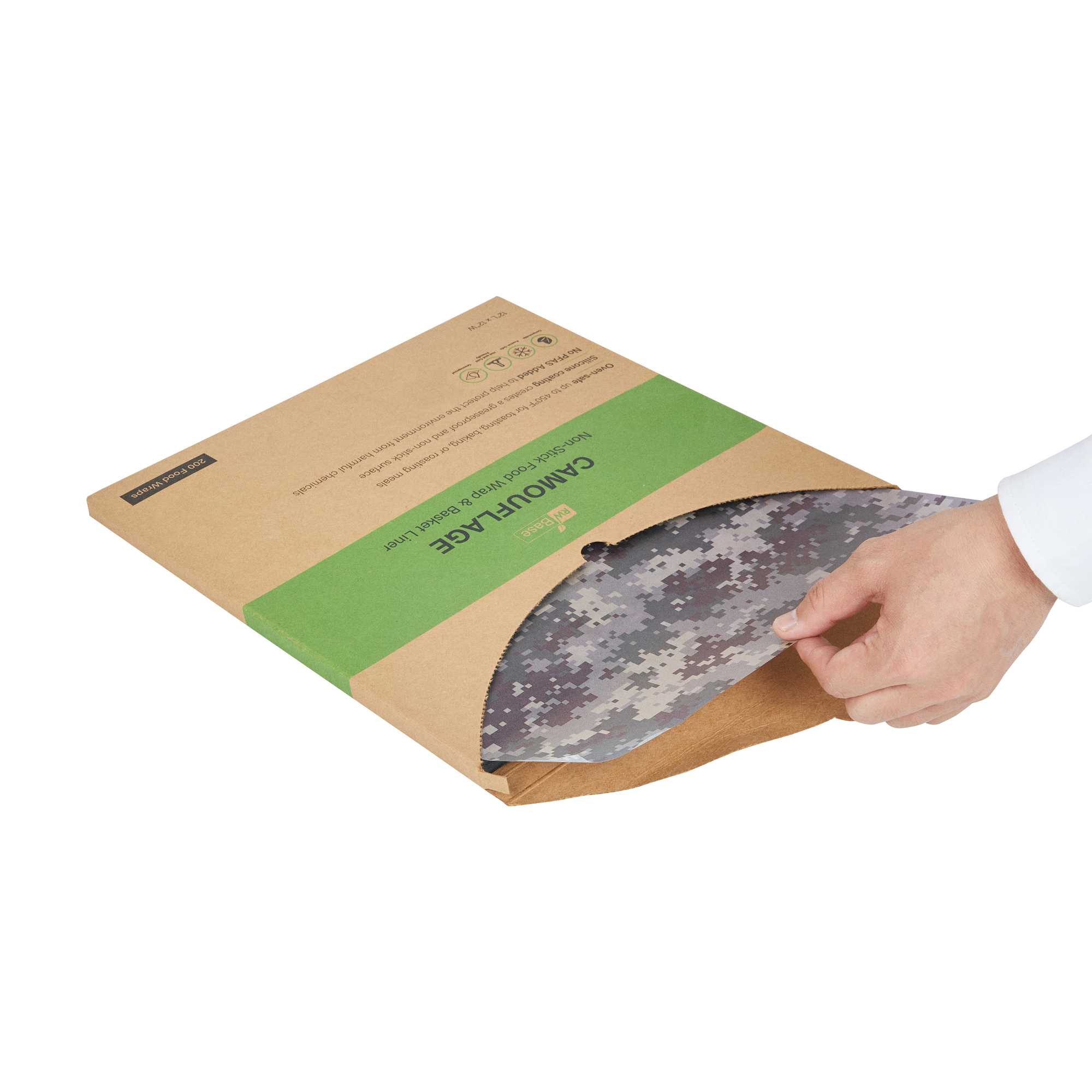 Chef 101 No PFAS Added Camouflage Paper Bakery Wrap and Basket Liner - Greaseproof - 12" x 12" - 200 count box