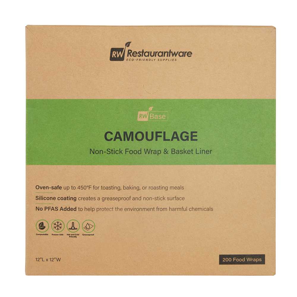 Chef 101 No PFAS Added Camouflage Paper Bakery Wrap and Basket Liner - Greaseproof - 12" x 12" - 200 count box