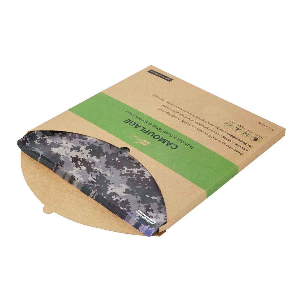 Chef 101 No PFAS Added Camouflage Paper Bakery Wrap and Basket Liner - Greaseproof - 12" x 12" - 2000 count box