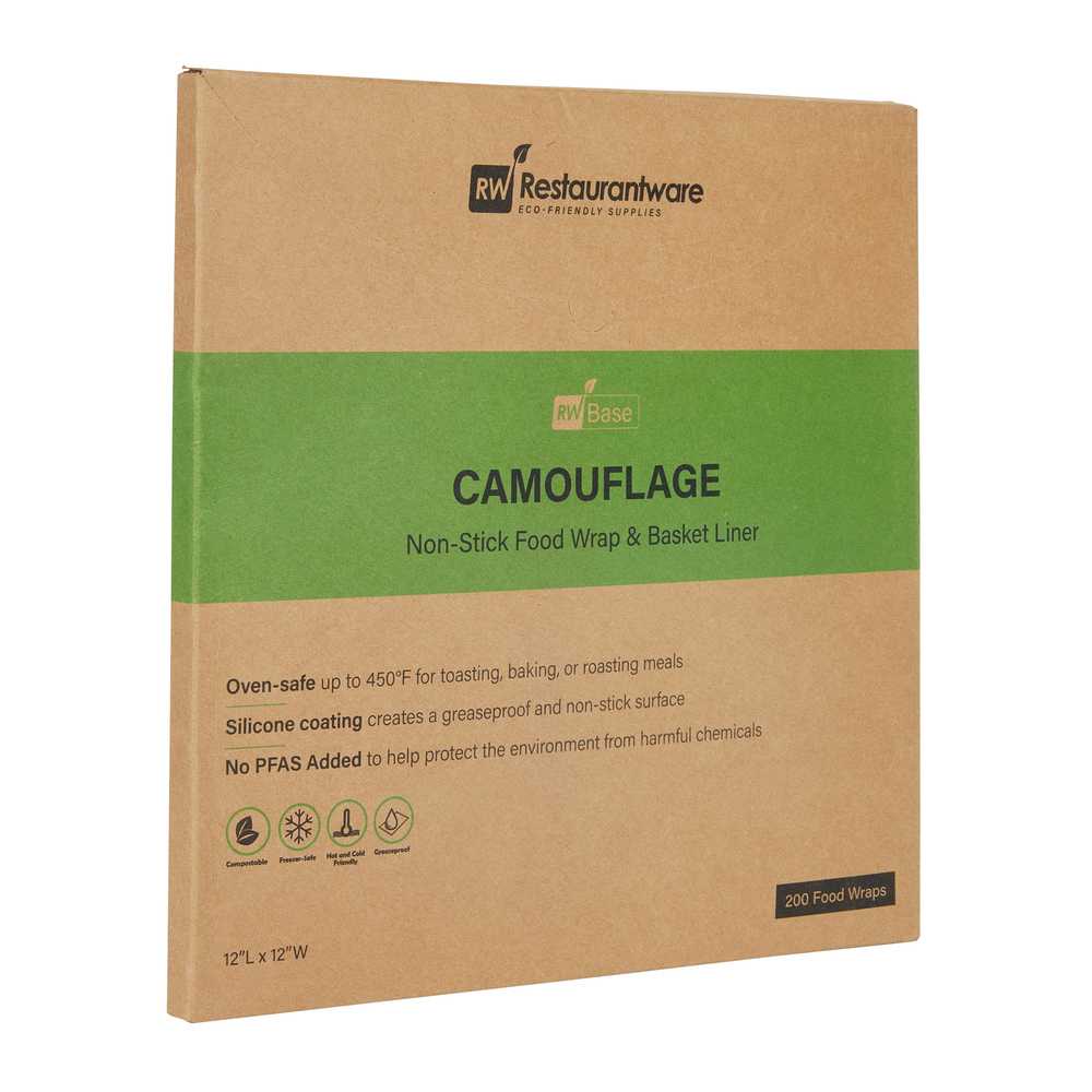 Chef 101 No PFAS Added Camouflage Paper Bakery Wrap and Basket Liner - Greaseproof - 12" x 12" - 2000 count box