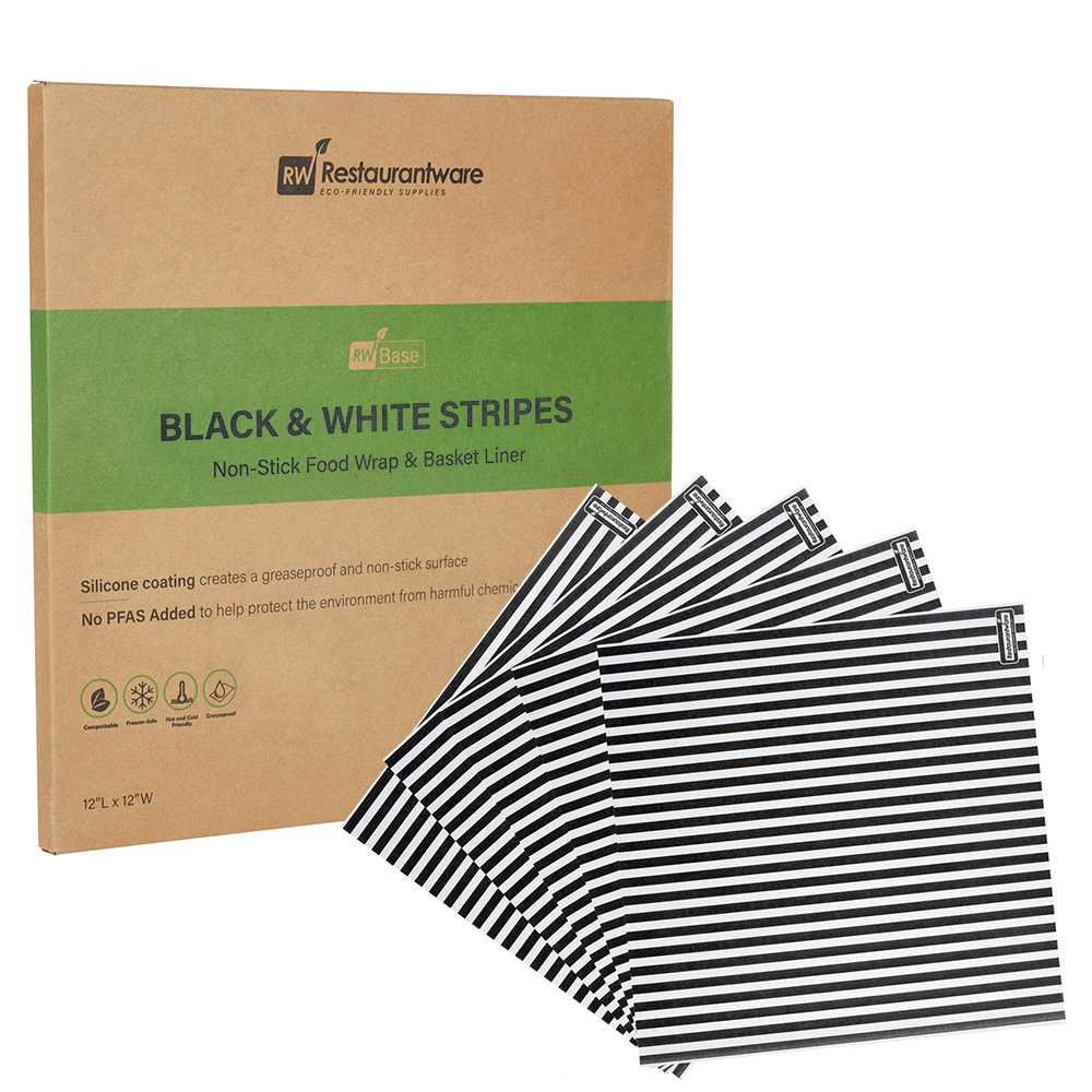 Chef 101 No PFAS Added Black and White Stripe Paper Bakery Wrap and Basket Liner - Greaseproof - 12" x 12" - 200 count box