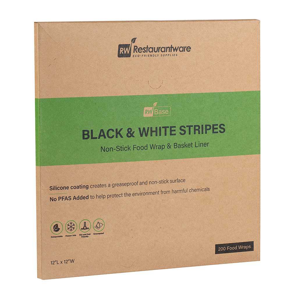 Chef 101 No PFAS Added Black and White Stripe Paper Bakery Wrap and Basket Liner - Greaseproof - 12" x 12" - 200 count box