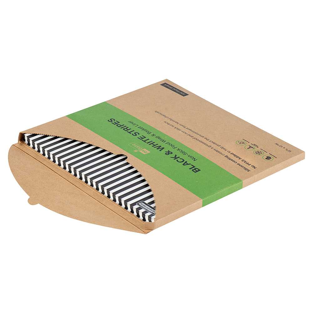 Chef 101 No PFAS Added Black and White Stripe Paper Bakery Wrap and Basket Liner - Greaseproof - 12" x 12" - 200 count box