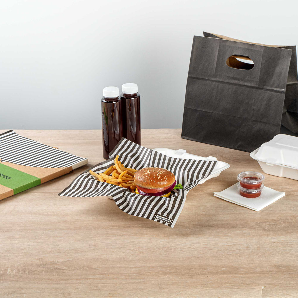 Chef 101 No PFAS Added Black and White Stripe Paper Bakery Wrap and Basket Liner - Greaseproof - 12" x 12" - 200 count box