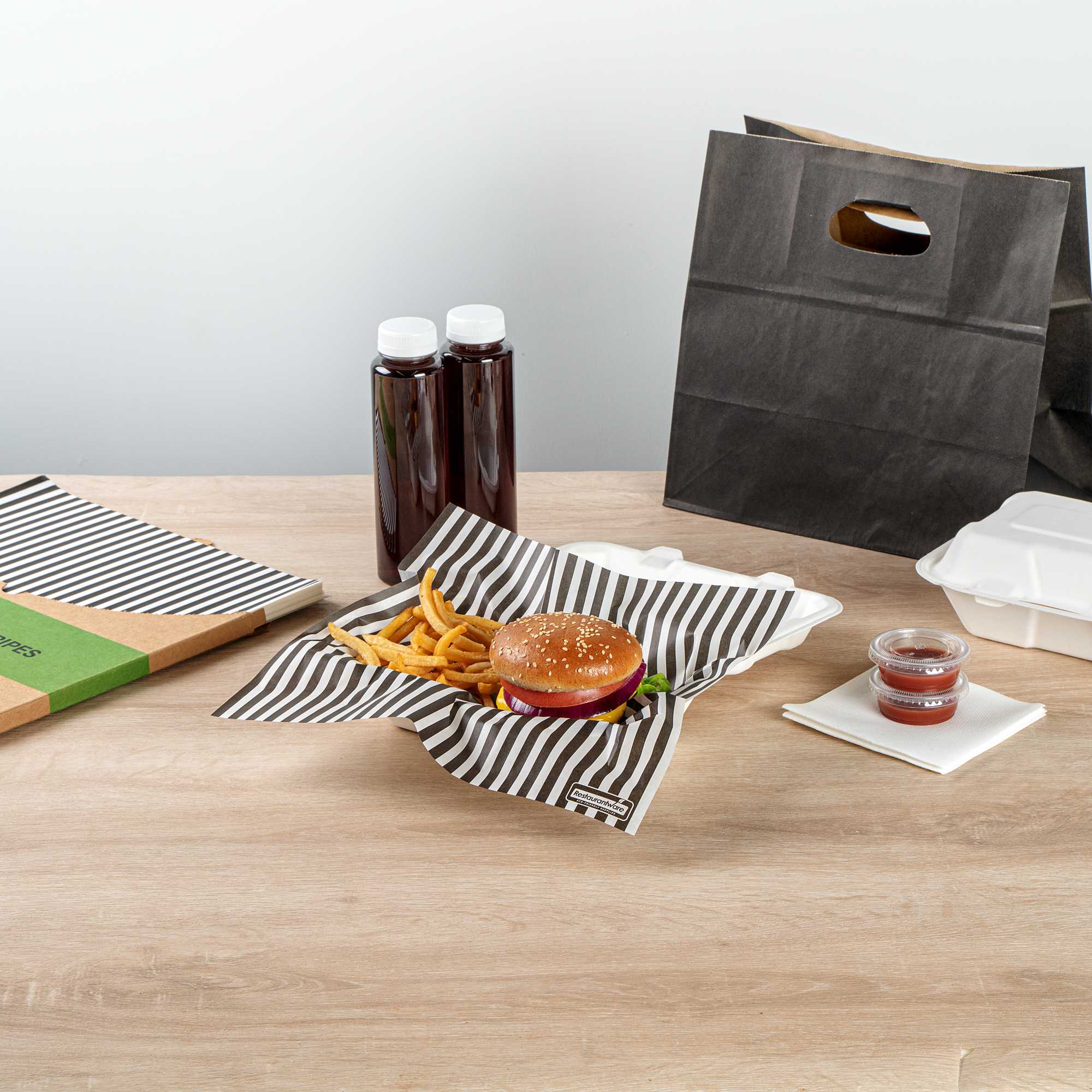Chef 101 No PFAS Added Black and White Stripe Paper Bakery Wrap and Basket Liner - Greaseproof - 12" x 12" - 200 count box
