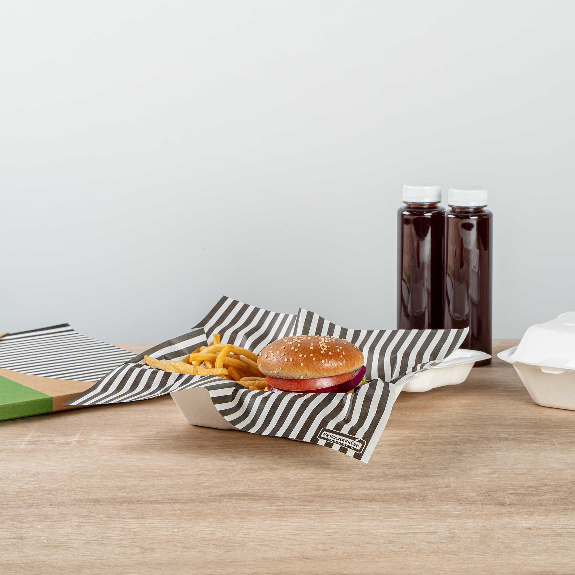 Chef 101 No PFAS Added Black and White Stripe Paper Bakery Wrap and Basket Liner - Greaseproof - 12" x 12" - 200 count box