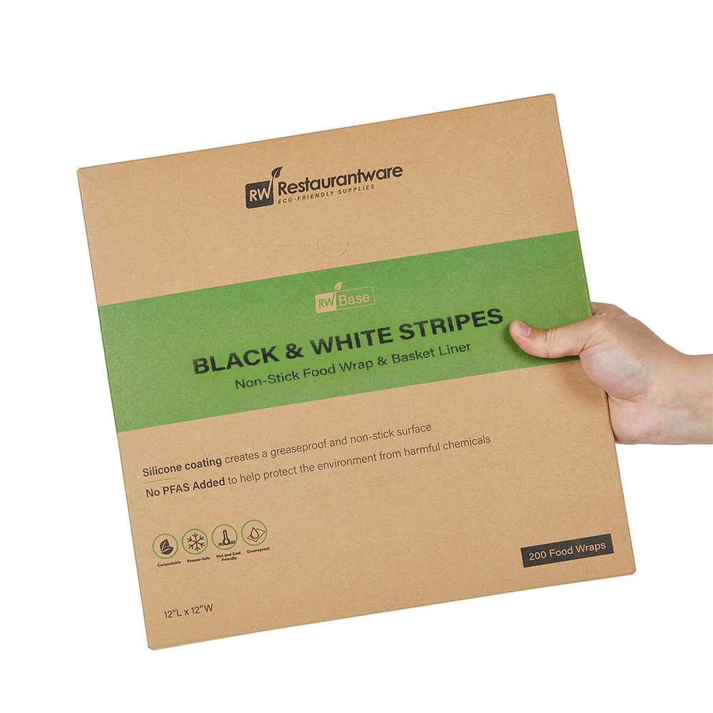 Chef 101 No PFAS Added Black and White Stripe Paper Bakery Wrap and Basket Liner - Greaseproof - 12" x 12" - 2000 count box