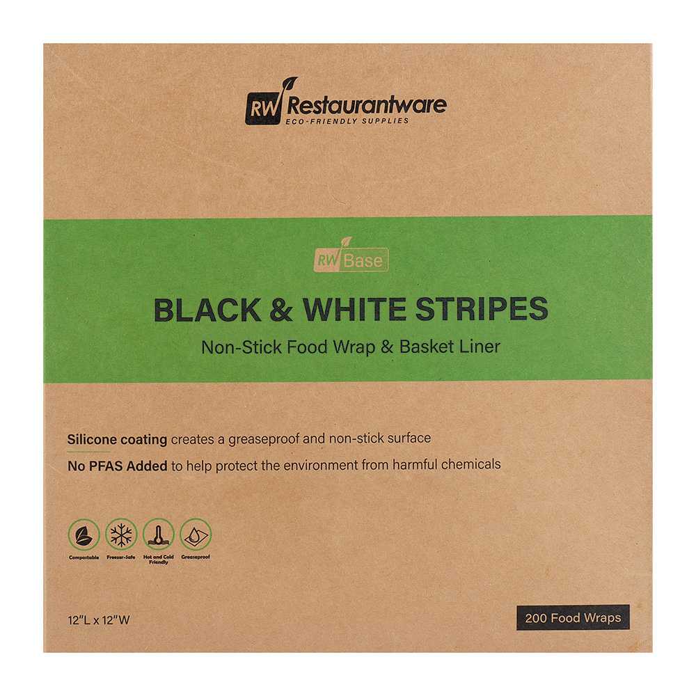 Chef 101 No PFAS Added Black and White Stripe Paper Bakery Wrap and Basket Liner - Greaseproof - 12" x 12" - 2000 count box