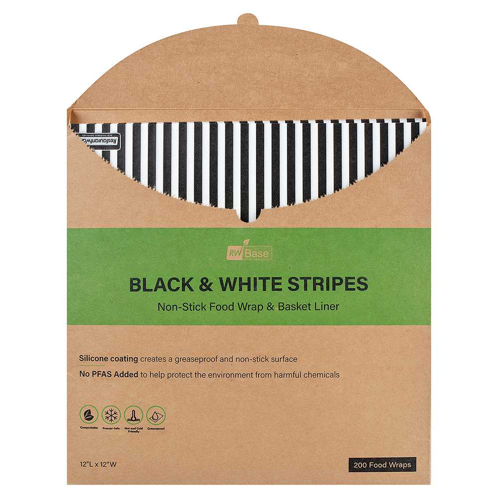 Chef 101 No PFAS Added Black and White Stripe Paper Bakery Wrap and Basket Liner - Greaseproof - 12" x 12" - 2000 count box