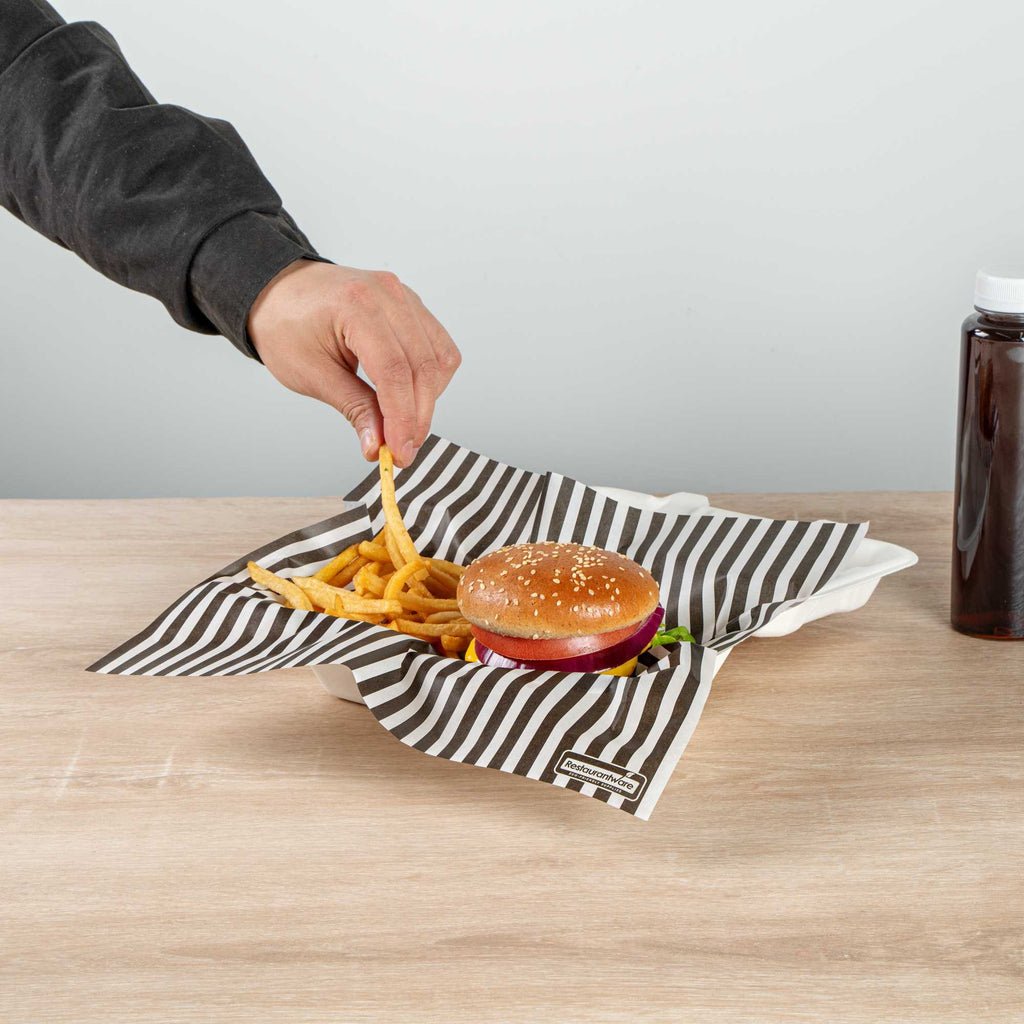 Chef 101 No PFAS Added Black and White Stripe Paper Bakery Wrap and Basket Liner - Greaseproof - 12" x 12" - 2000 count box