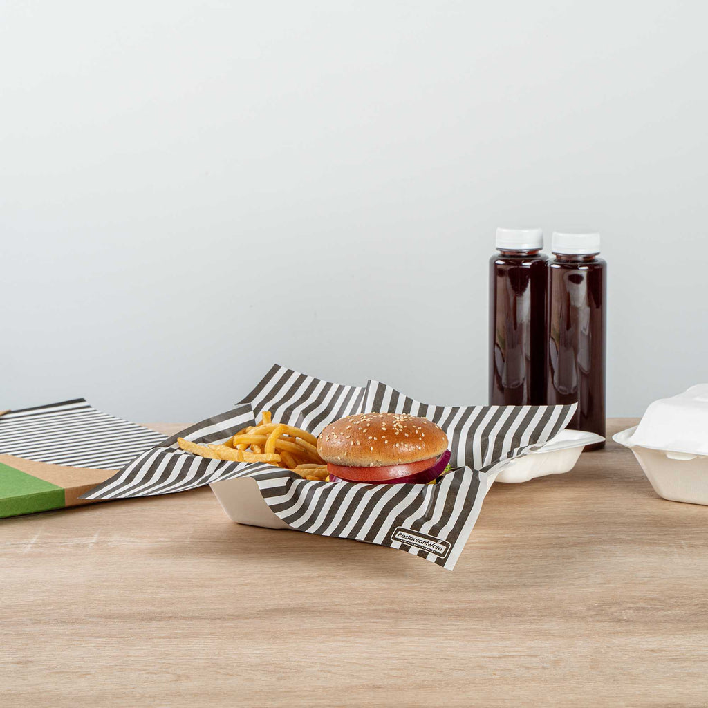 Chef 101 No PFAS Added Black and White Stripe Paper Bakery Wrap and Basket Liner - Greaseproof - 12" x 12" - 2000 count box