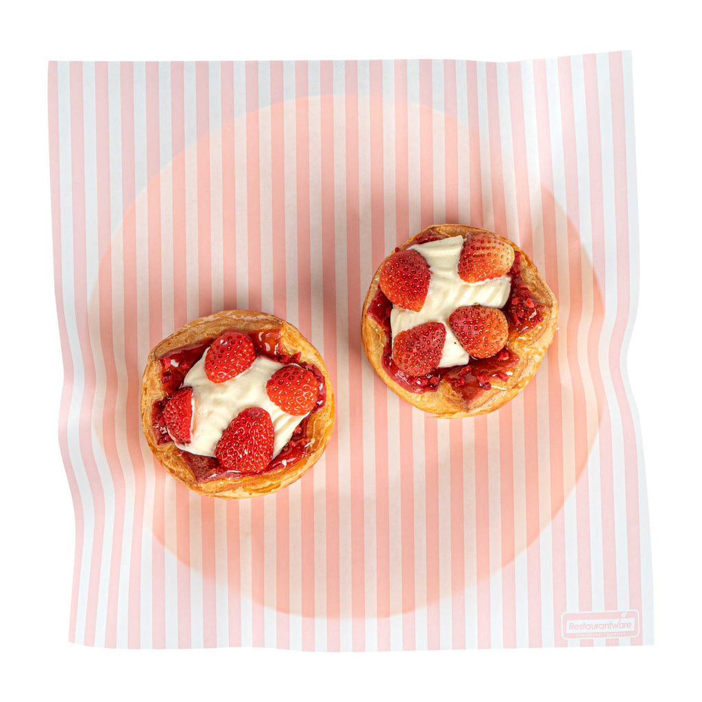 Chef 101 No PFAS Added Pink and White Stripe Paper Bakery Wrap and Basket Liner - Greaseproof - 12" x 12" - 200 count box