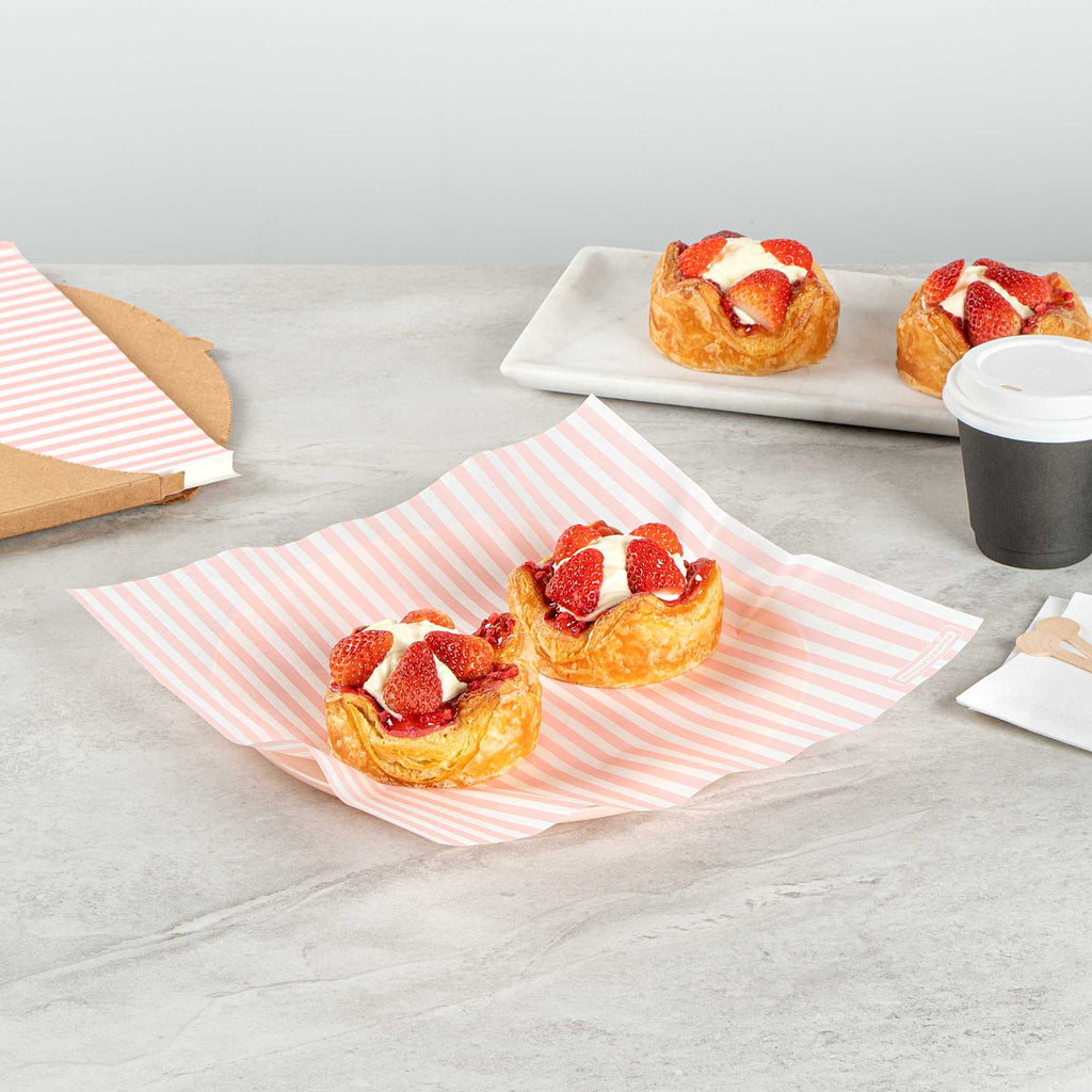 Chef 101 No PFAS Added Pink and White Stripe Paper Bakery Wrap and Basket Liner - Greaseproof - 12" x 12" - 2000 count box