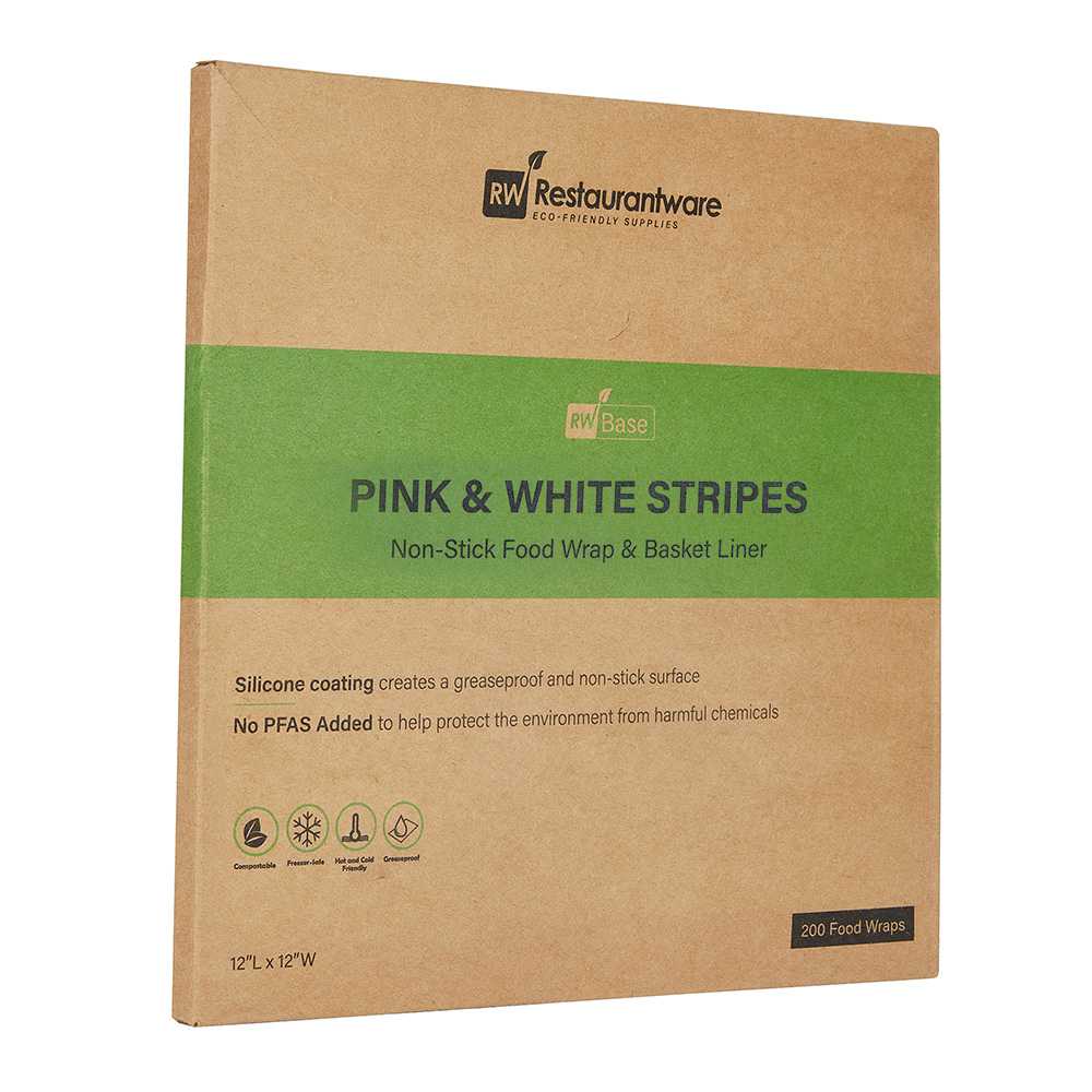 Chef 101 No PFAS Added Pink and White Stripe Paper Bakery Wrap and Basket Liner - Greaseproof - 12" x 12" - 2000 count box