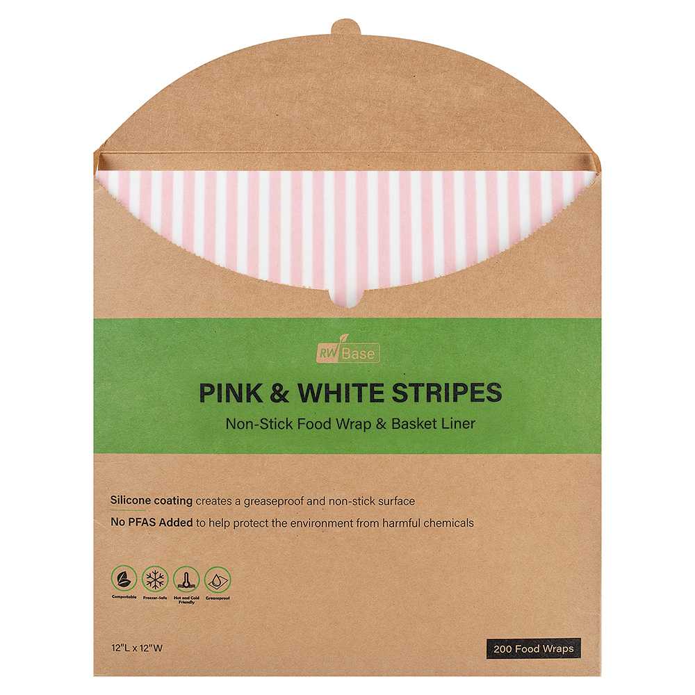 Chef 101 No PFAS Added Pink and White Stripe Paper Bakery Wrap and Basket Liner - Greaseproof - 12" x 12" - 2000 count box