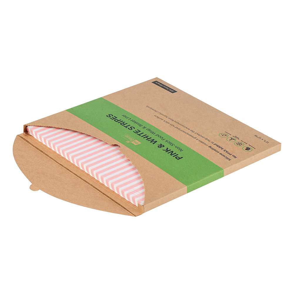 Chef 101 No PFAS Added Pink and White Stripe Paper Bakery Wrap and Basket Liner - Greaseproof - 12" x 12" - 2000 count box