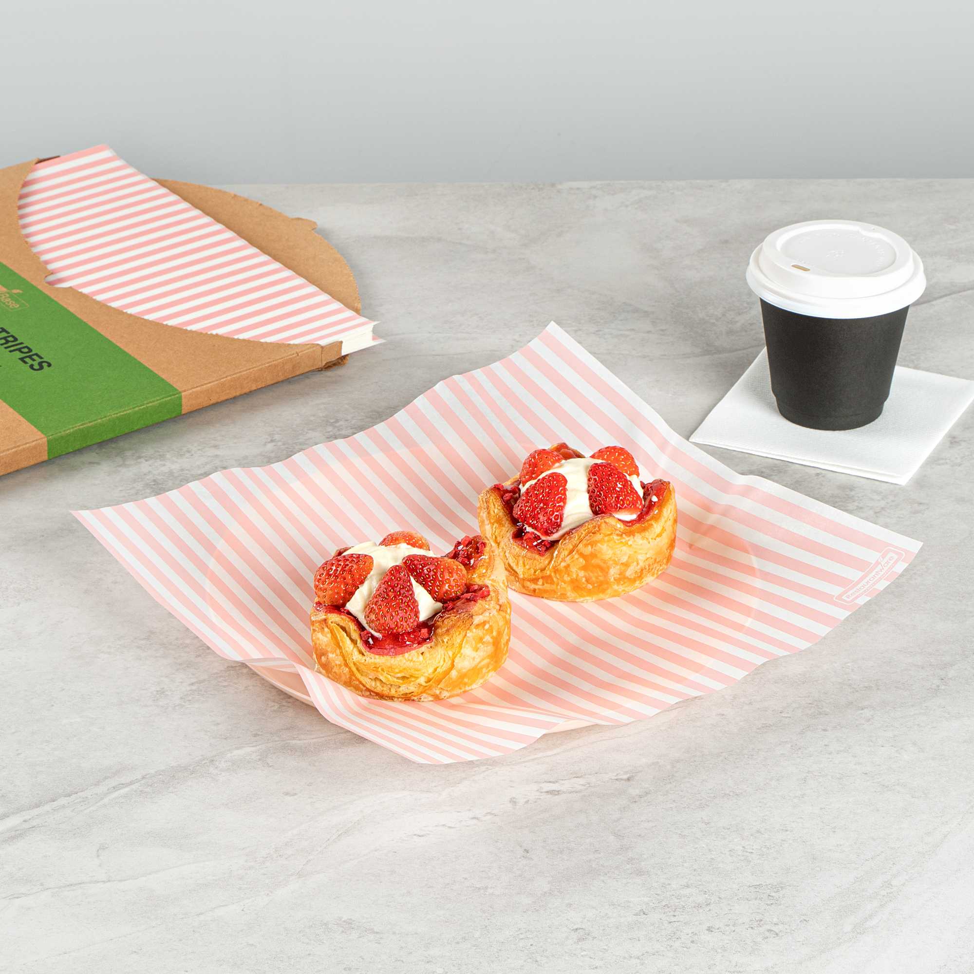 Chef 101 No PFAS Added Pink and White Stripe Paper Bakery Wrap and Basket Liner - Greaseproof - 12" x 12" - 2000 count box