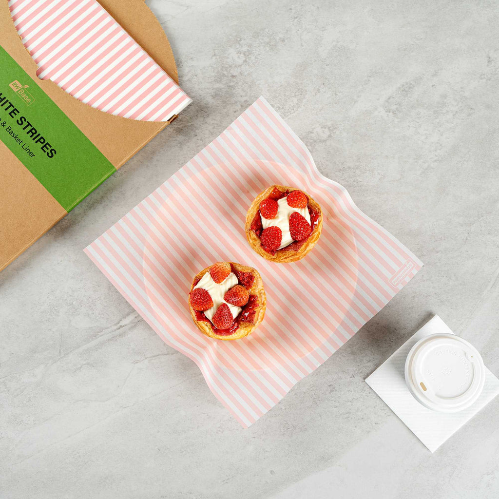 Chef 101 No PFAS Added Pink and White Stripe Paper Bakery Wrap and Basket Liner - Greaseproof - 12" x 12" - 2000 count box