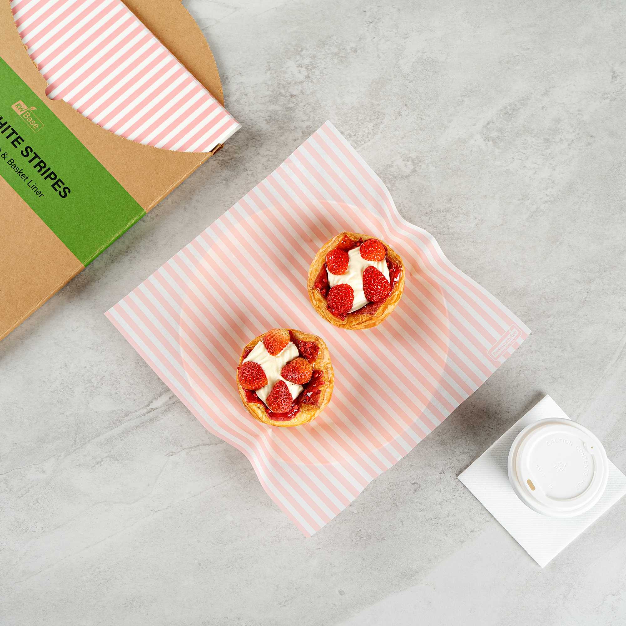 Chef 101 No PFAS Added Pink and White Stripe Paper Bakery Wrap and Basket Liner - Greaseproof - 12" x 12" - 2000 count box
