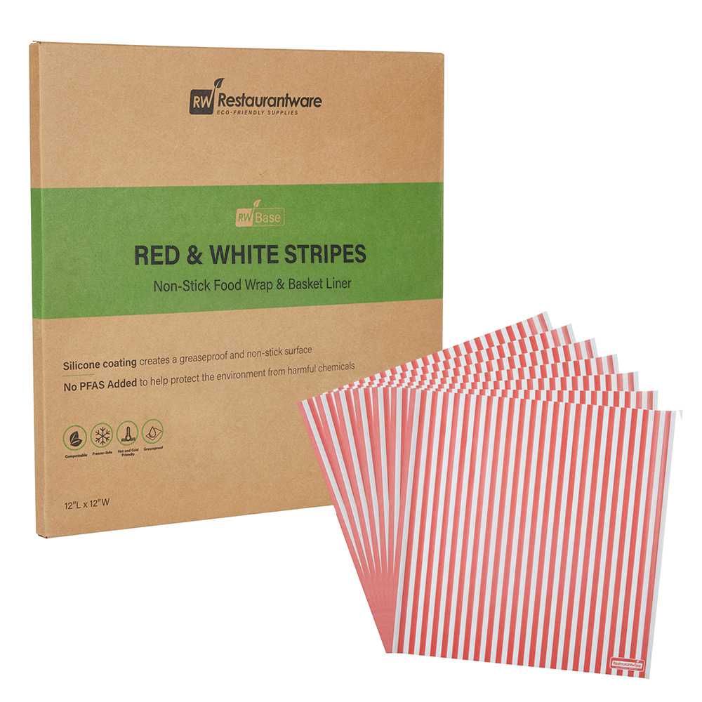 Chef 101 No PFAS Added Red and White Stripe Paper Bakery Wrap and Basket Liner - Greaseproof - 12" x 12" - 200 count box