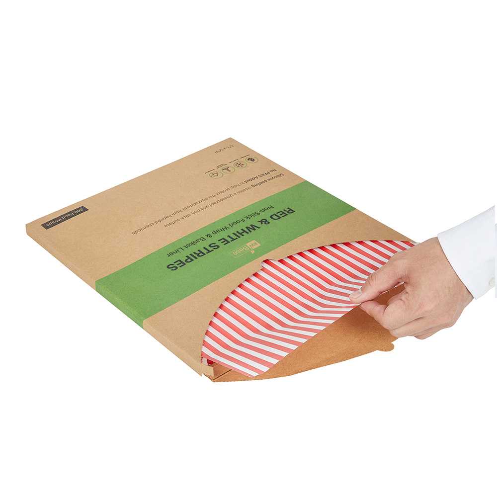 Chef 101 No PFAS Added Red and White Stripe Paper Bakery Wrap and Basket Liner - Greaseproof - 12" x 12" - 200 count box