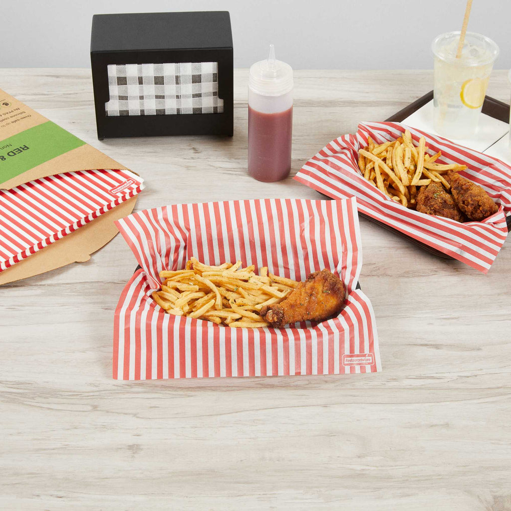 Chef 101 No PFAS Added Red and White Stripe Paper Bakery Wrap and Basket Liner - Greaseproof - 12" x 12" - 2000 count box