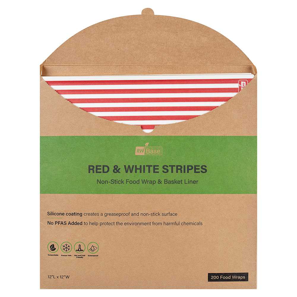 Chef 101 No PFAS Added Red and White Stripe Paper Bakery Wrap and Basket Liner - Greaseproof - 12" x 12" - 2000 count box