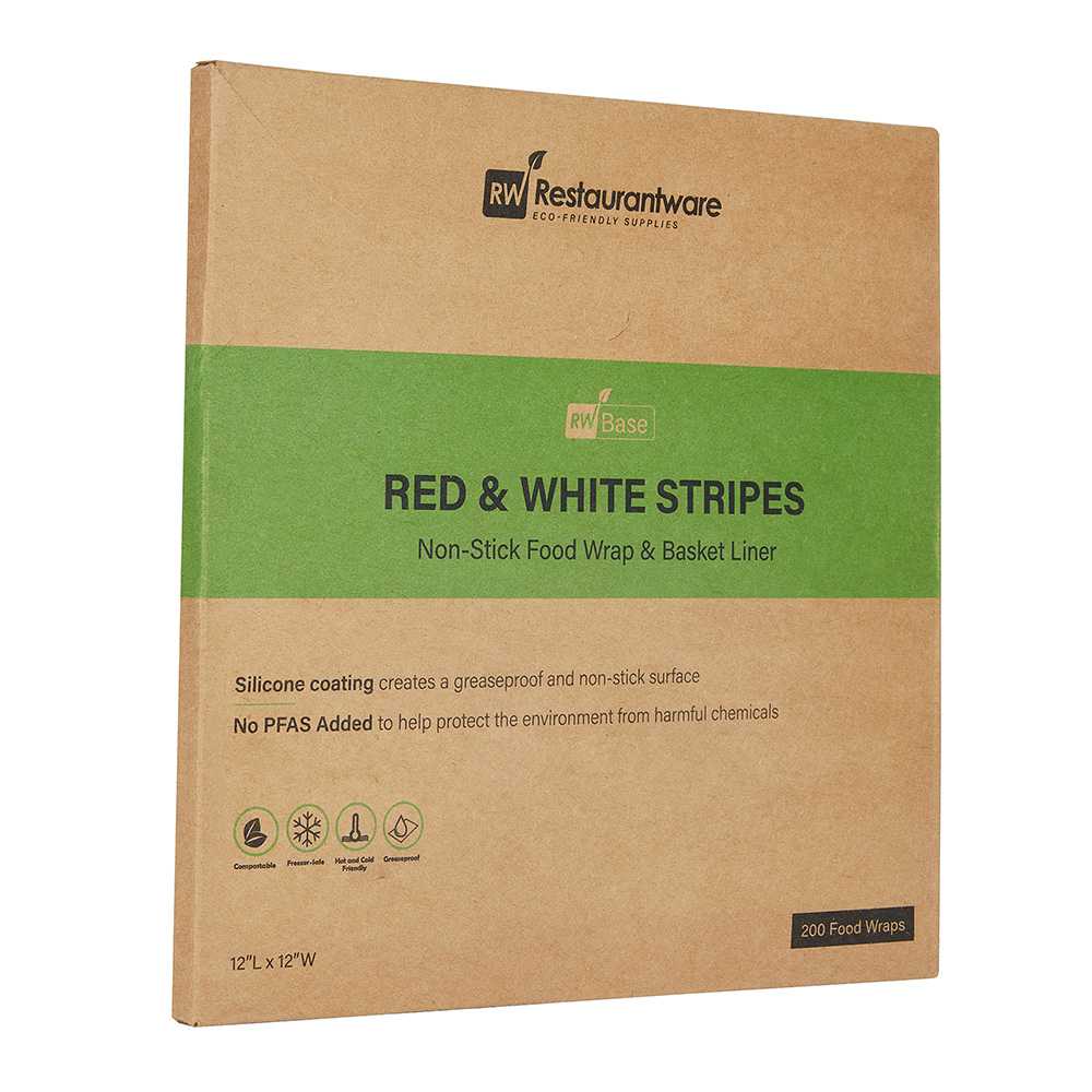 Chef 101 No PFAS Added Red and White Stripe Paper Bakery Wrap and Basket Liner - Greaseproof - 12" x 12" - 2000 count box