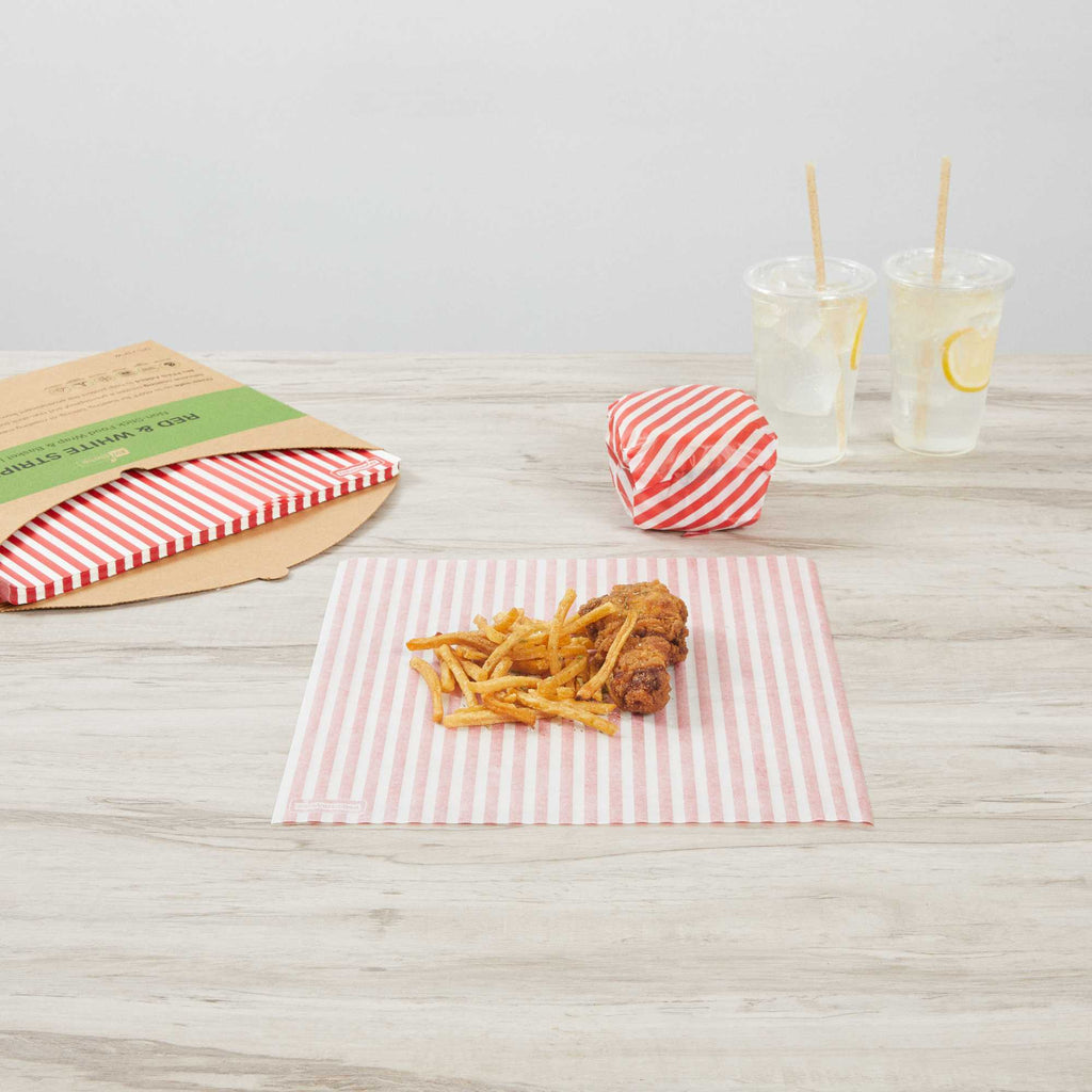 Chef 101 No PFAS Added Red and White Stripe Paper Bakery Wrap and Basket Liner - Greaseproof - 12" x 12" - 2000 count box
