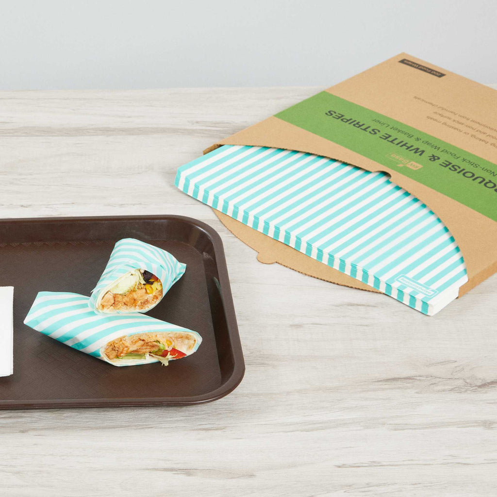 Chef 101 No PFAS Added Turquoise and White Stripe Paper Bakery Wrap and Basket Liner - Greaseproof - 12" x 12" - 200 count box