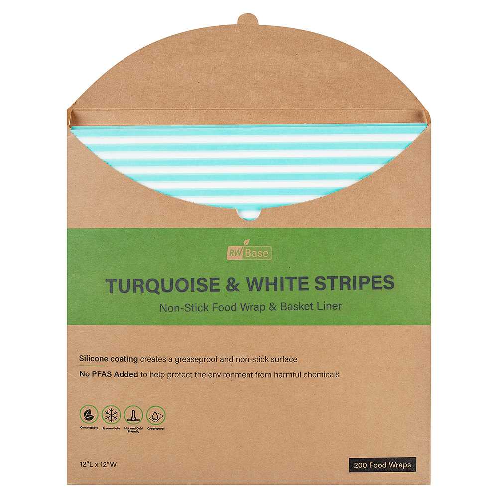 Chef 101 No PFAS Added Turquoise and White Stripe Paper Bakery Wrap and Basket Liner - Greaseproof - 12" x 12" - 200 count box