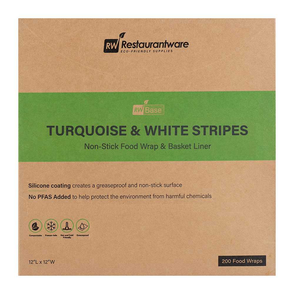 Chef 101 No PFAS Added Turquoise and White Stripe Paper Bakery Wrap and Basket Liner - Greaseproof - 12" x 12" - 200 count box