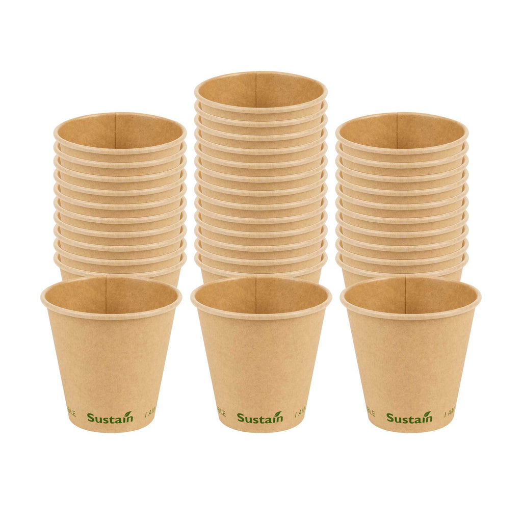 Sustain 8 oz Kraft Paper Coffee Cup - PLA Lining, Compostable, Single Wall - 3 1/2" x 3 1/2" x 3 1/4" - 50 count box