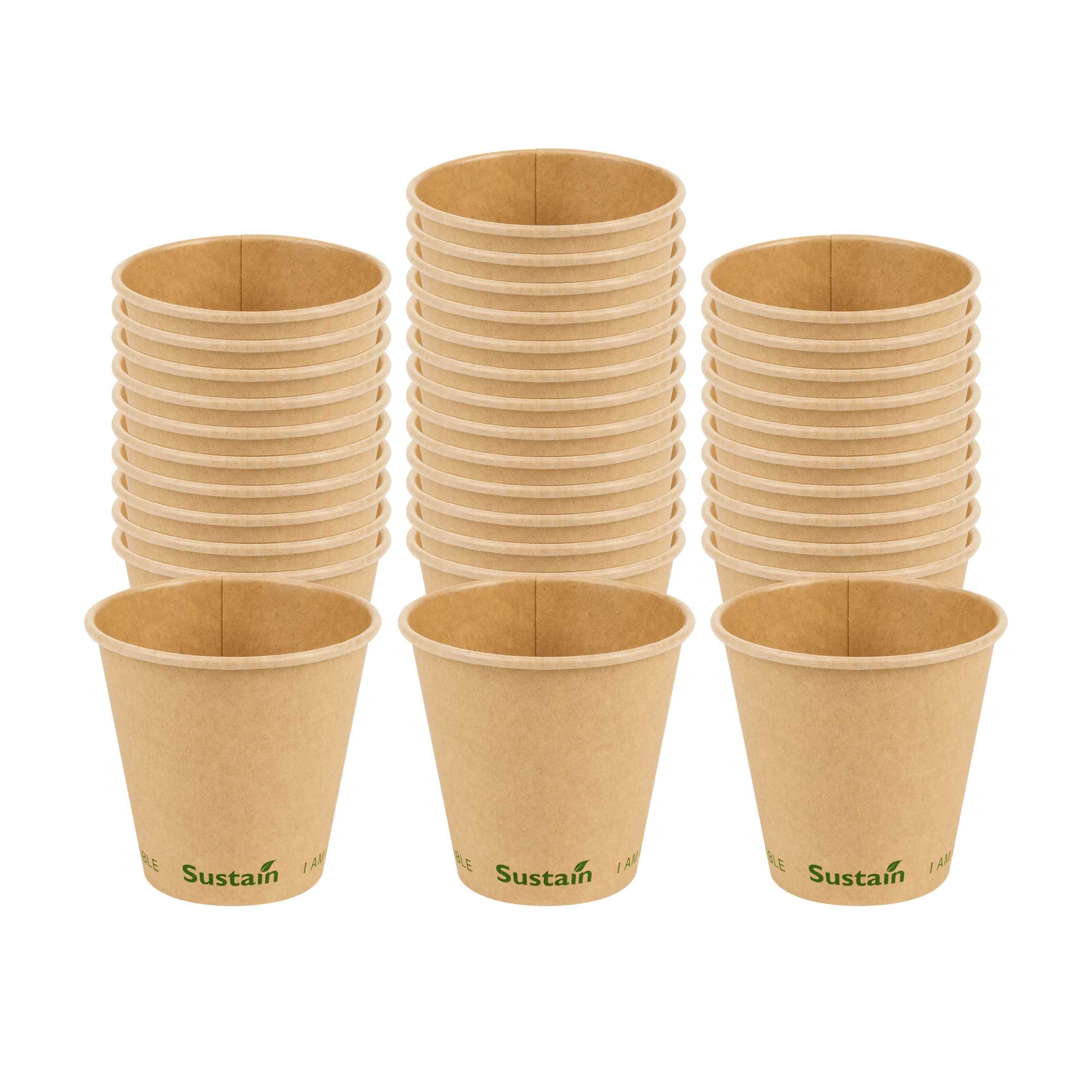 Sustain 8 oz Kraft Paper Coffee Cup - PLA Lining, Compostable, Single Wall - 3 1/2" x 3 1/2" x 3 1/4" - 50 count box