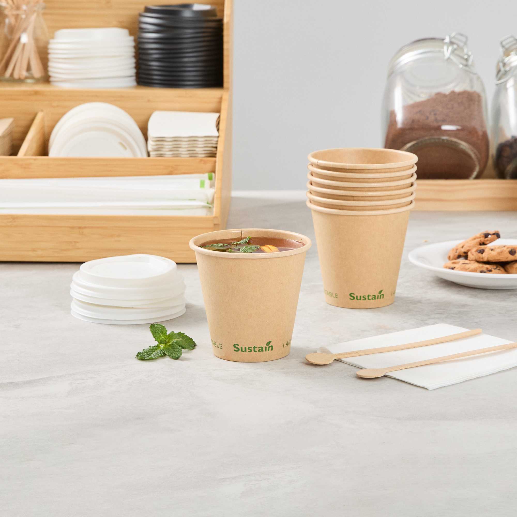 Sustain 8 oz Kraft Paper Coffee Cup - PLA Lining, Compostable, Single Wall - 3 1/2" x 3 1/2" x 3 1/4" - 50 count box